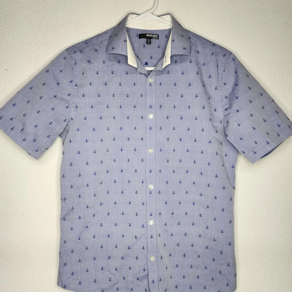 Nautical Blue Anchors Button-Up Short Sleeve‎ Casual Men's Slim M Shirt Cotton